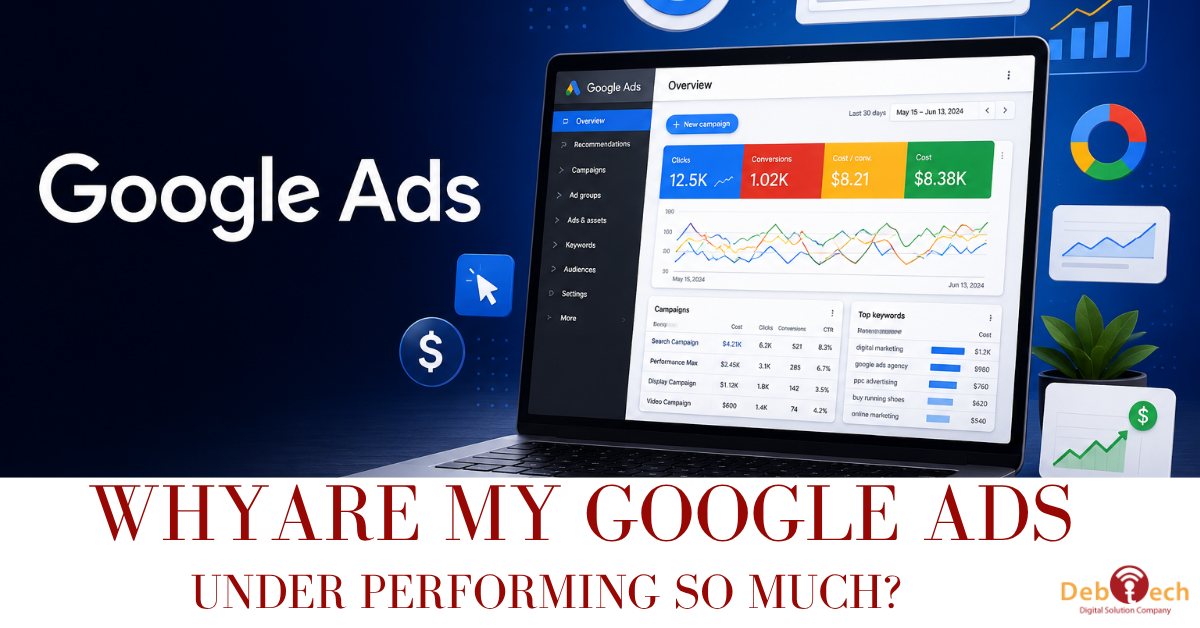 Google Ads underperforming, why are my Google Ads not converting, Google Ads optimization, improve Google Ads performance, Google Ads campaign optimization, Google Ads Quality Score, Google Ads conversion optimization, reduce Google Ads cost, Google Ads management, PPC optimization, Google Ads landing page, negative keywords, Google Ads click through rate, Google Ads lead generation, Google Ads agency Ashburn VA, PPC services Virginia, digital marketing Ashburn VA, Google Ads for small business, paid search optimization, Debtech LLC