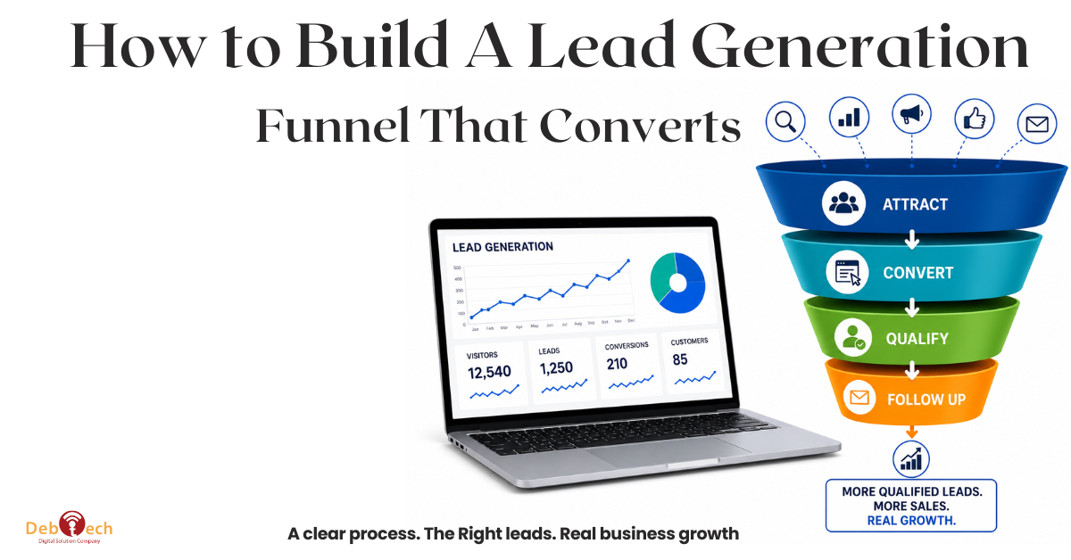 How to Build a Lead Generation Funnel That Converts, Lead Generation Funnel, Lead Generation Strategy, Sales Funnel, Conversion Funnel, Lead Generation Services, Landing Page Optimization, Lead Qualification, Digital Marketing, Website Conversion Optimization, B2B Lead Generation, Local Lead Generation, SEO Lead Generation, PPC Lead Generation, Website Development Company Ashburn VA, Digital Marketing Agency Ashburn VA, Web Development Virginia, Debtech LLC