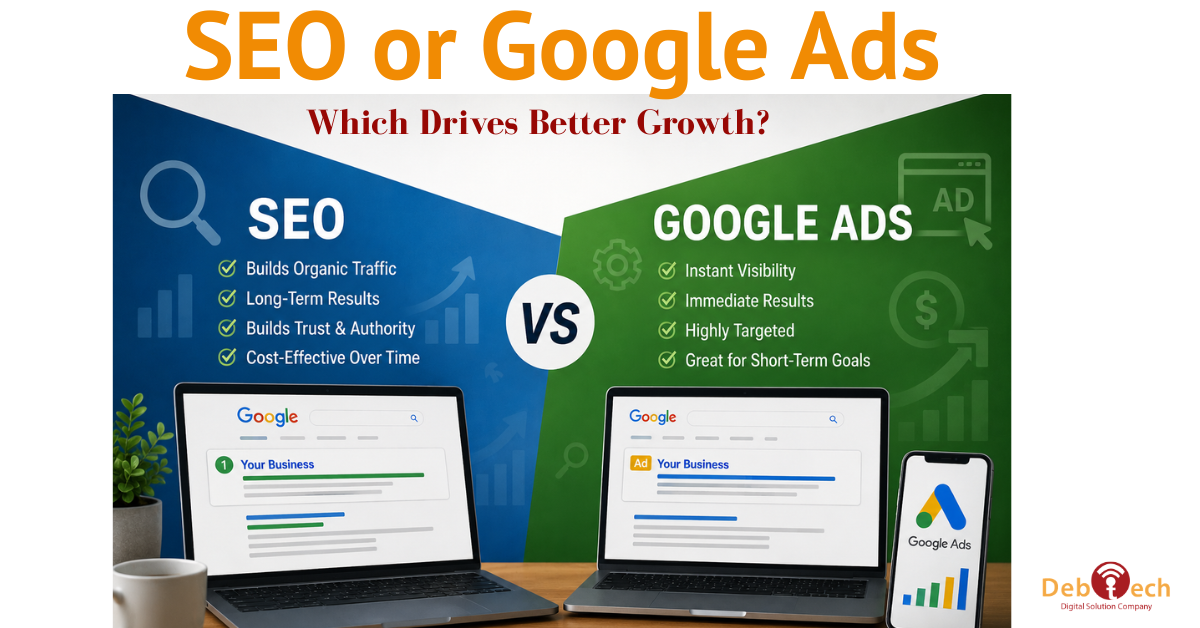 SEO, Google Ads, SEO vs Google Ads, PPC advertising, digital marketing, search engine optimization, Google Ads management, lead generation, website conversions, local SEO, paid search marketing, digital marketing agency Northern Virginia, SEO services Northern Virginia, Google Ads agency Virginia, Debtech LLC