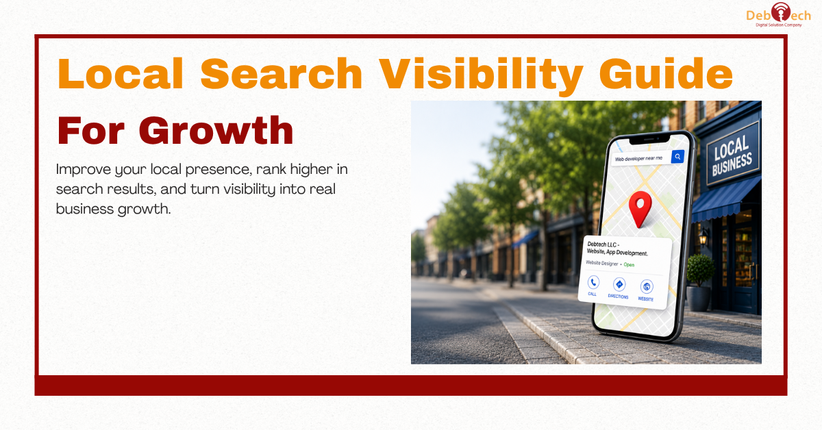 local search visibility guide, local search visibility, local SEO guide, Google Business Profile optimization, local SEO services, local business SEO, improve local rankings, local search marketing, website SEO, local citations, online business visibility, local search optimization, SEO for small businesses, Debtech LLC, Ashburn VA SEO, Virginia local SEO, local business growth, map pack SEO, local search strategy, website optimization for local SEO