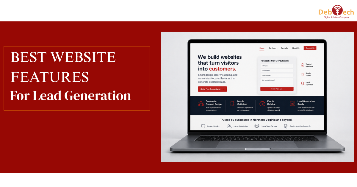 best website features for lead generation, lead generation website, conversion focused website, website conversion optimization, lead generation web design, website development company Ashburn VA, responsive website design, landing page optimization, mobile friendly website, website forms, call to action optimization, website for business leads, website conversion strategy, web development Virginia, Debtech LLC