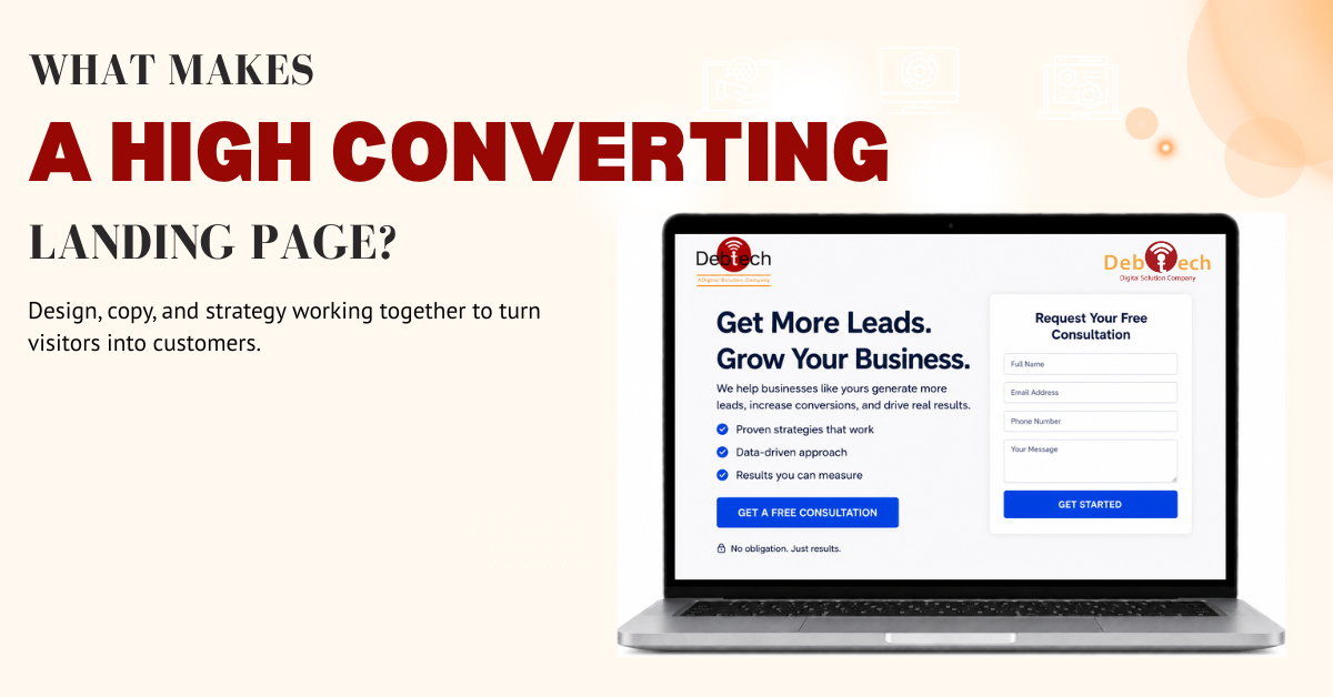 what makes a high converting landing page, high converting landing page, landing page optimization, landing page conversion, landing page best practices, landing page design, conversion rate optimization, CRO, landing page CTA, landing page UX, improve landing page conversions, landing page strategy, lead generation landing page, PPC landing page, SEO landing page, mobile landing page optimization, landing page copywriting, conversion focused landing page, Debtech LLC, landing page development Virginia