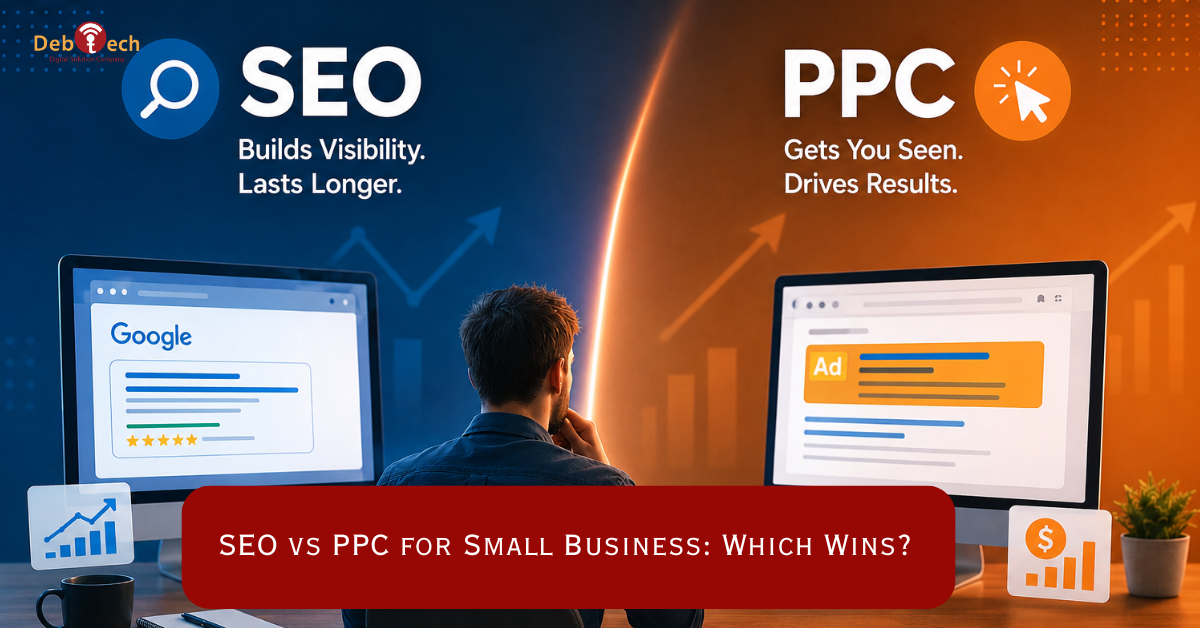 SEO vs PPC for small business, SEO vs PPC, small business SEO, PPC advertising, Google Ads for small business, local SEO services, digital marketing strategy, SEO services Virginia, PPC management, lead generation, website optimization, organic search, paid search marketing, Ashburn VA digital marketing, Debtech LLC